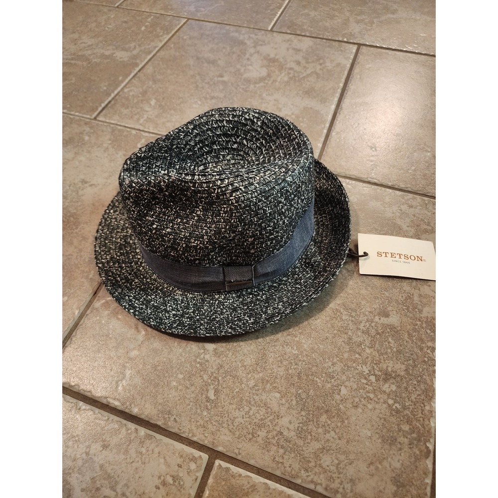 Stetson Fedora Hat Black White Marled Straw Short Brim Grey Ribbon NWT